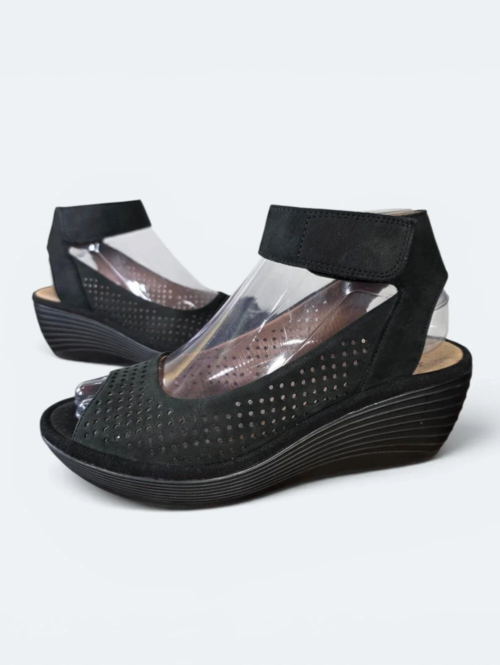 Clarks Reedly Salene Black Nubuck Leather Wedge Sandals Size 6.5